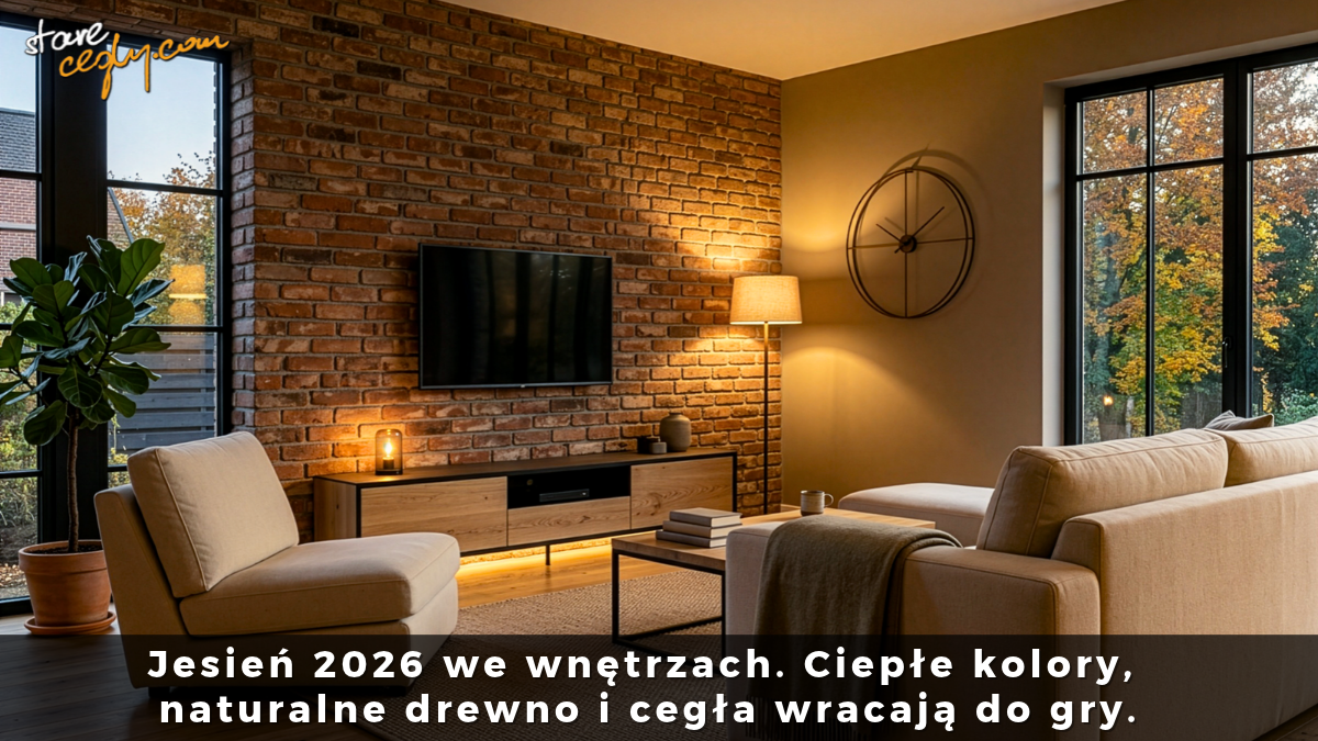 Jesień 2026 we wnętrzach - ciepłe kolory, naturalne drewno i cegła wracają do gry.