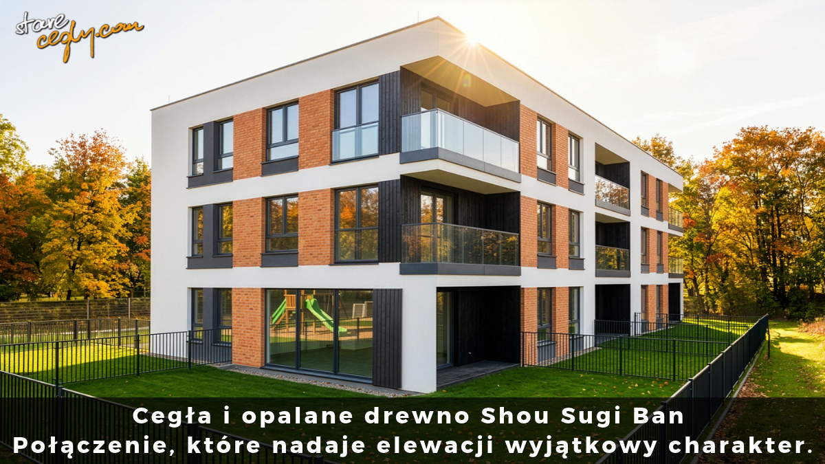Cegła i opalane drewno Shou Sugi Ban – połączenie, które nadaje elewacji wyjątkowy charakter.